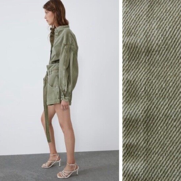 ZARA Women's Green Snap Button Puff Sleeve Denim Shacket Oversized Shirt - Picture 10 of 15